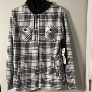 River Trail Mens Grey and White Plaid Fleece Lined Hoodie Jacket - NWT